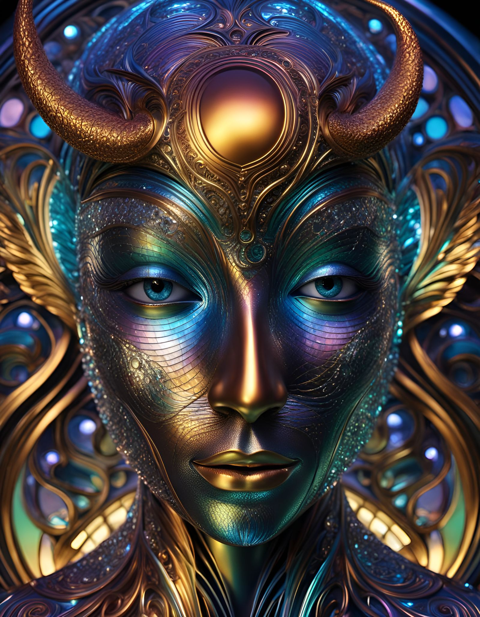 Metallic Mythical Sculpture in Op-Art Style