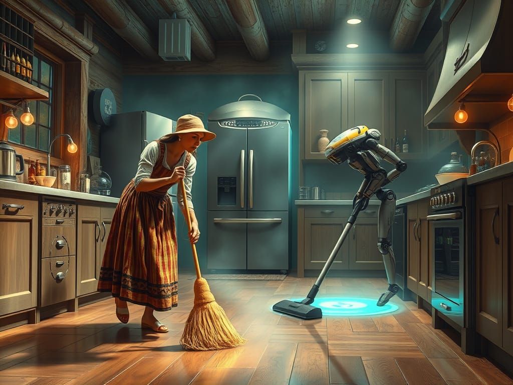 Peasant Woman & SciFi Robot in Ethereal Kitchen