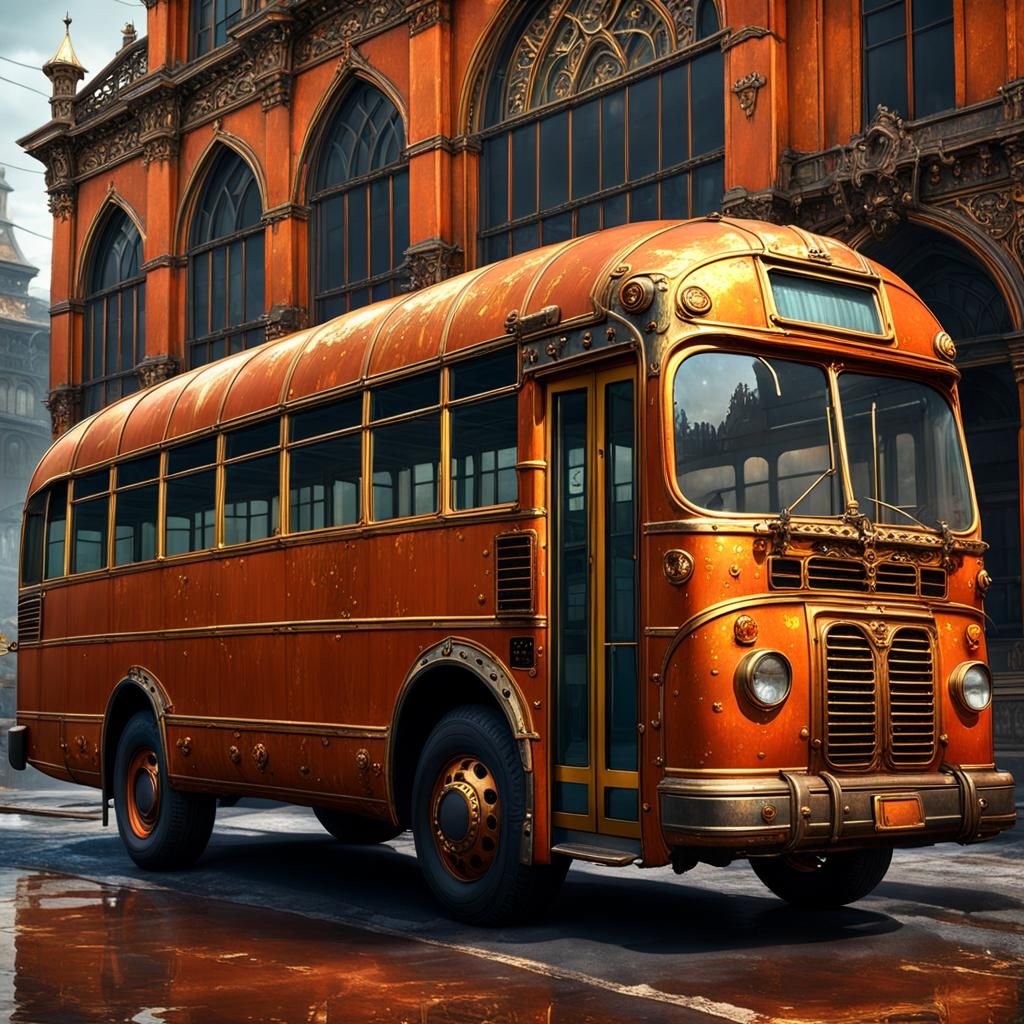 Surreal Bus with Rustic, Ornate Details in Deep Color Palett...