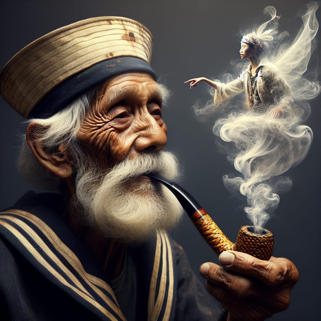 Grizzled Sailor Smokes Pipe as Ethereal Dancer Erupts from S...