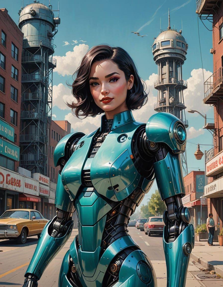 Woman Embraces Teal Robot in Urban Landscape