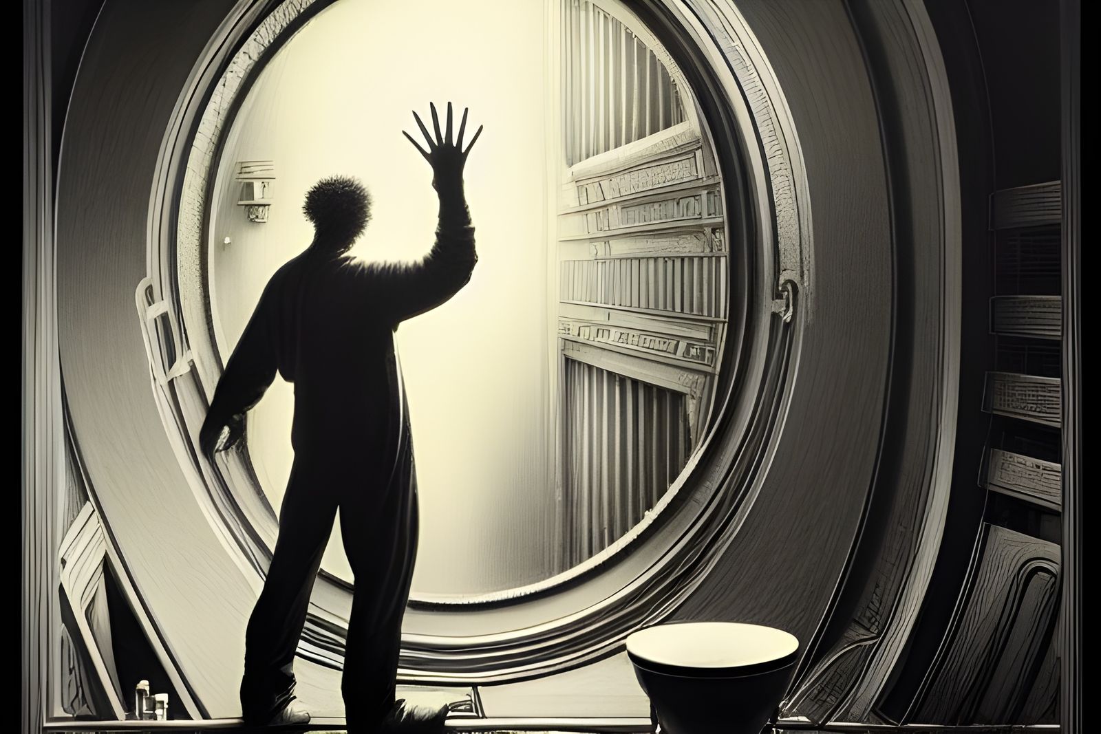 Cyberpunk Figure Faces Choice at Doorway