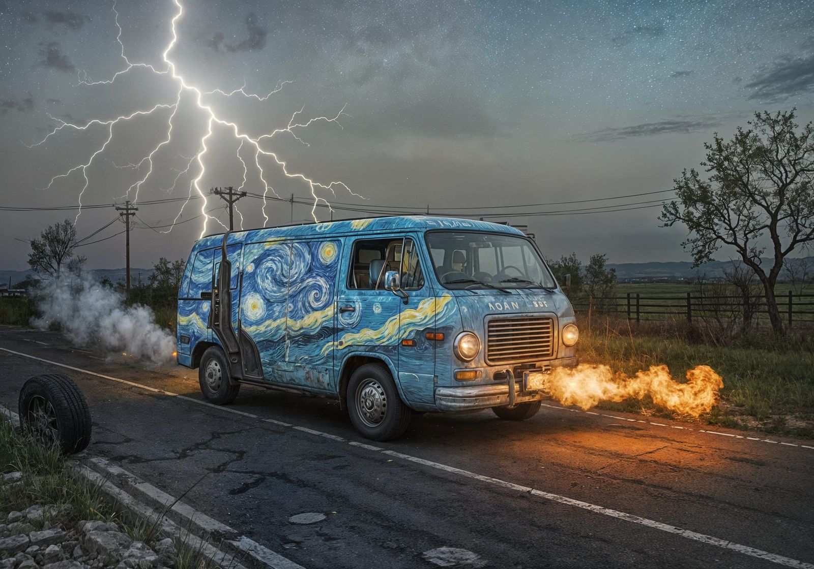 Van Gogh Drives Post-Apocalyptic Van Under Starry Night