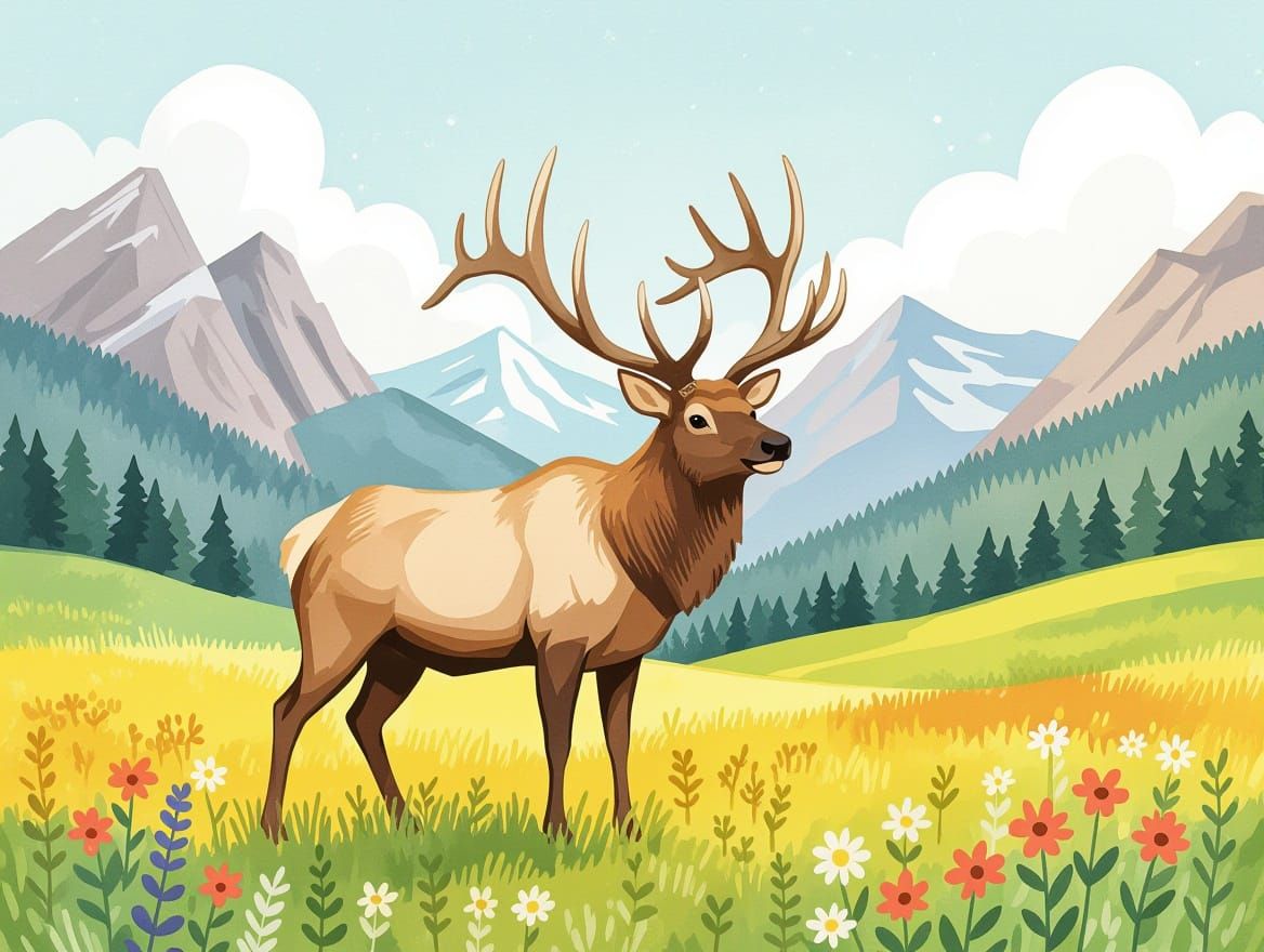 Happy Elk in Mountain Meadow: Watercolor Illustration