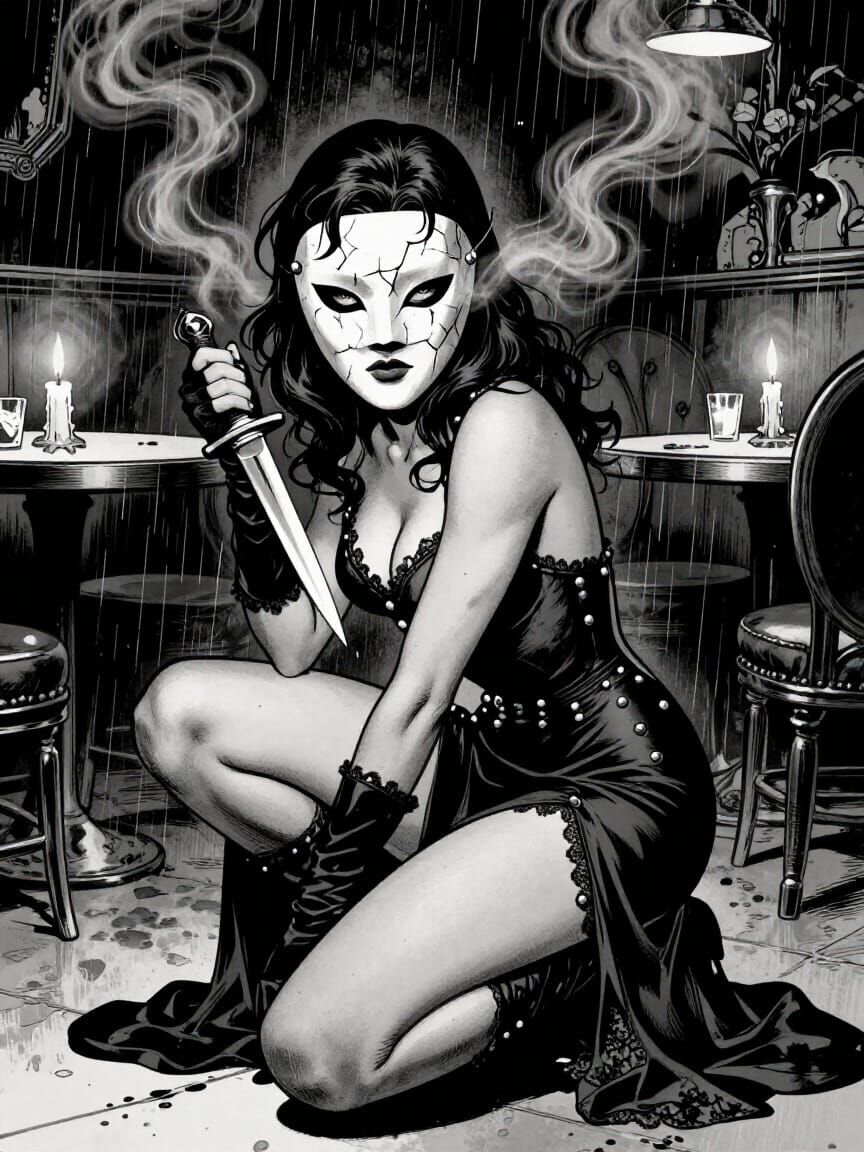 Comic Book Cover Art: Masked Woman in Smoky Speakeasy