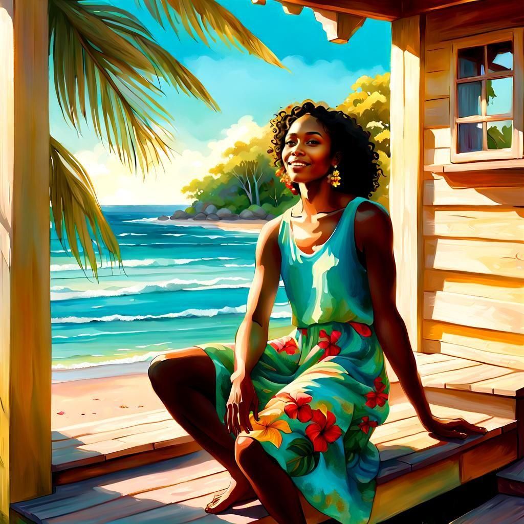 Jamaican Woman on Beach in Art Nouveau Style