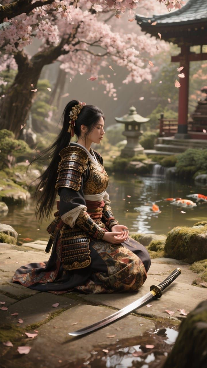 Meditating Samurai Woman in Zen Garden