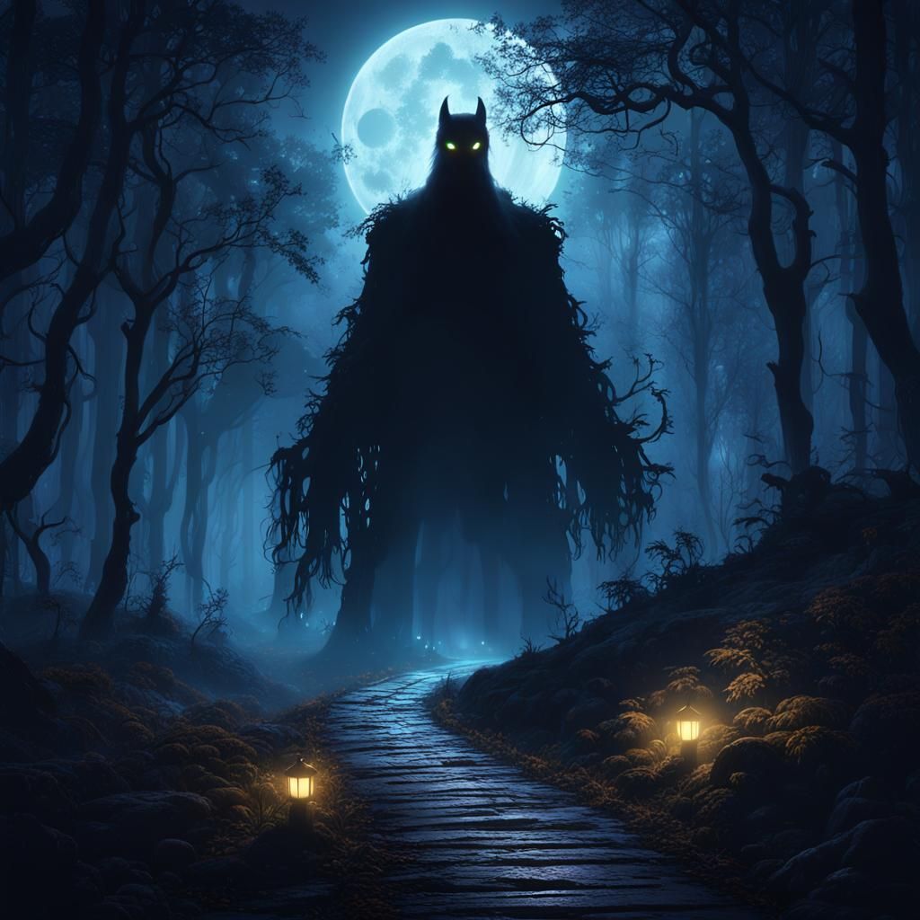 Eerie Creature in Moonlight Forest Path
