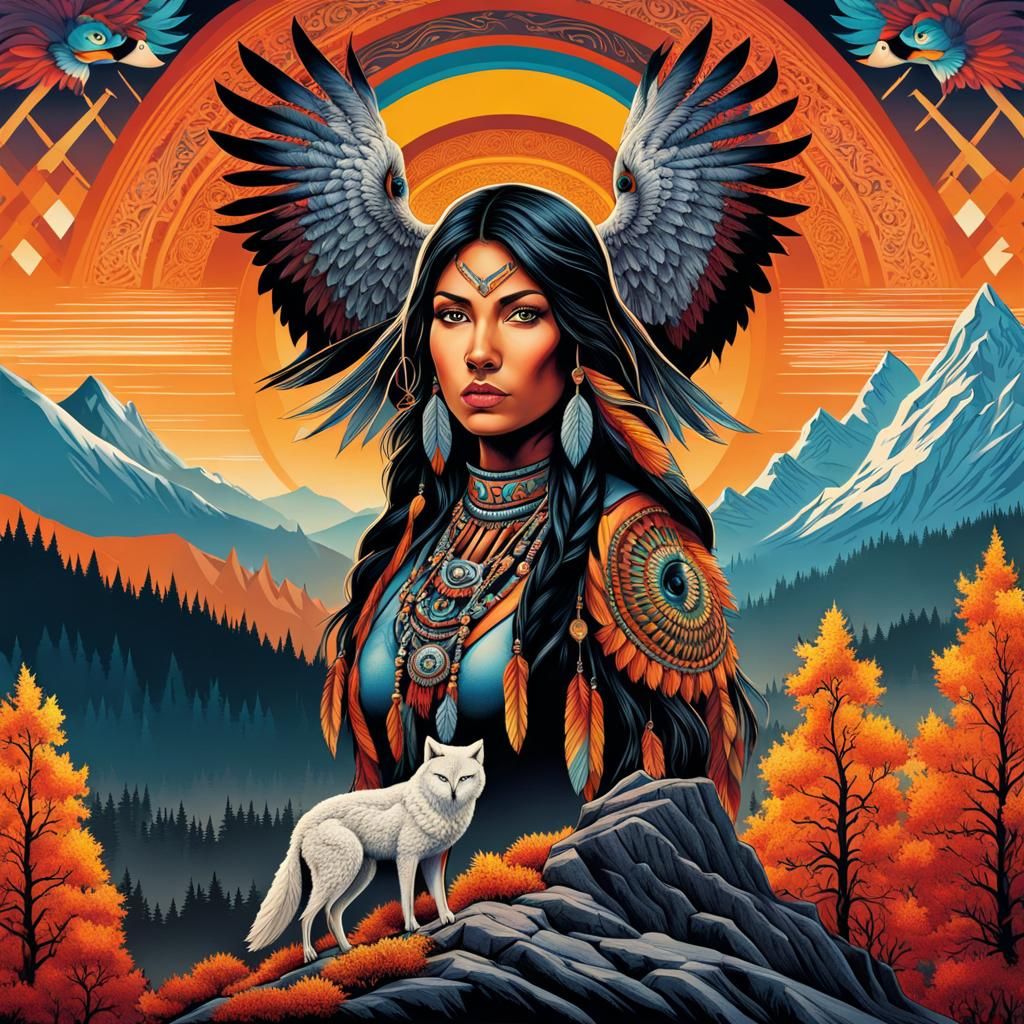 Native American with Wolf and Owl in Autumn