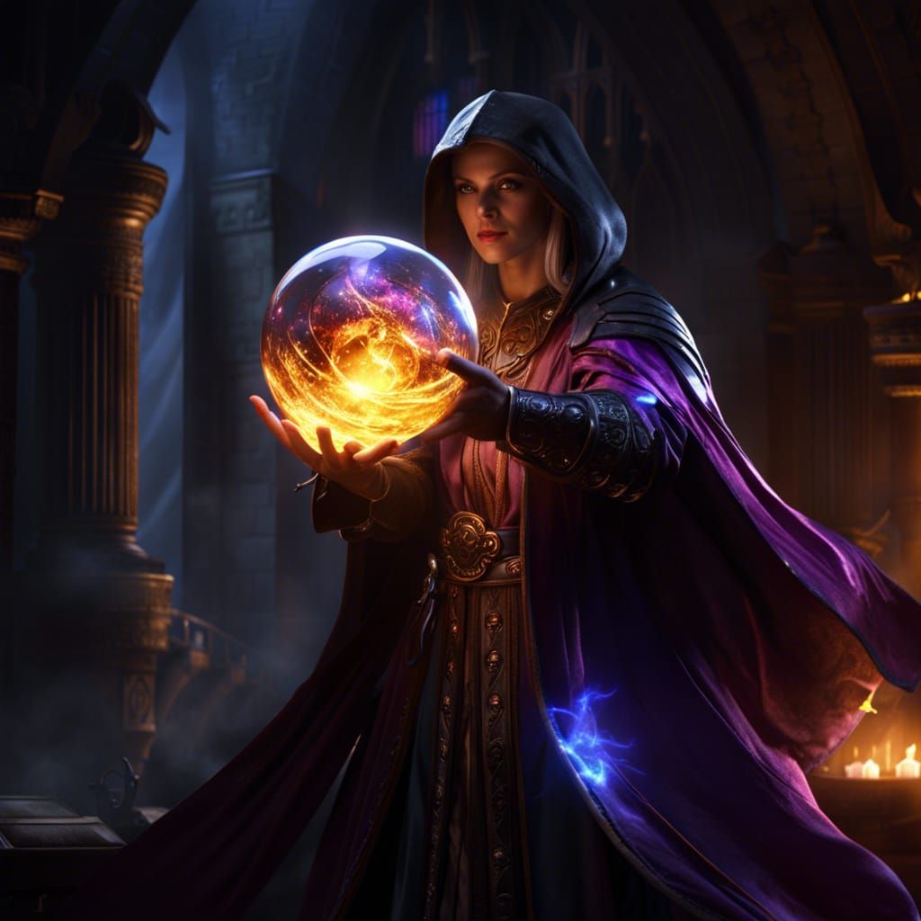 Fantasy Mage Casting Spell with Glass Sphere