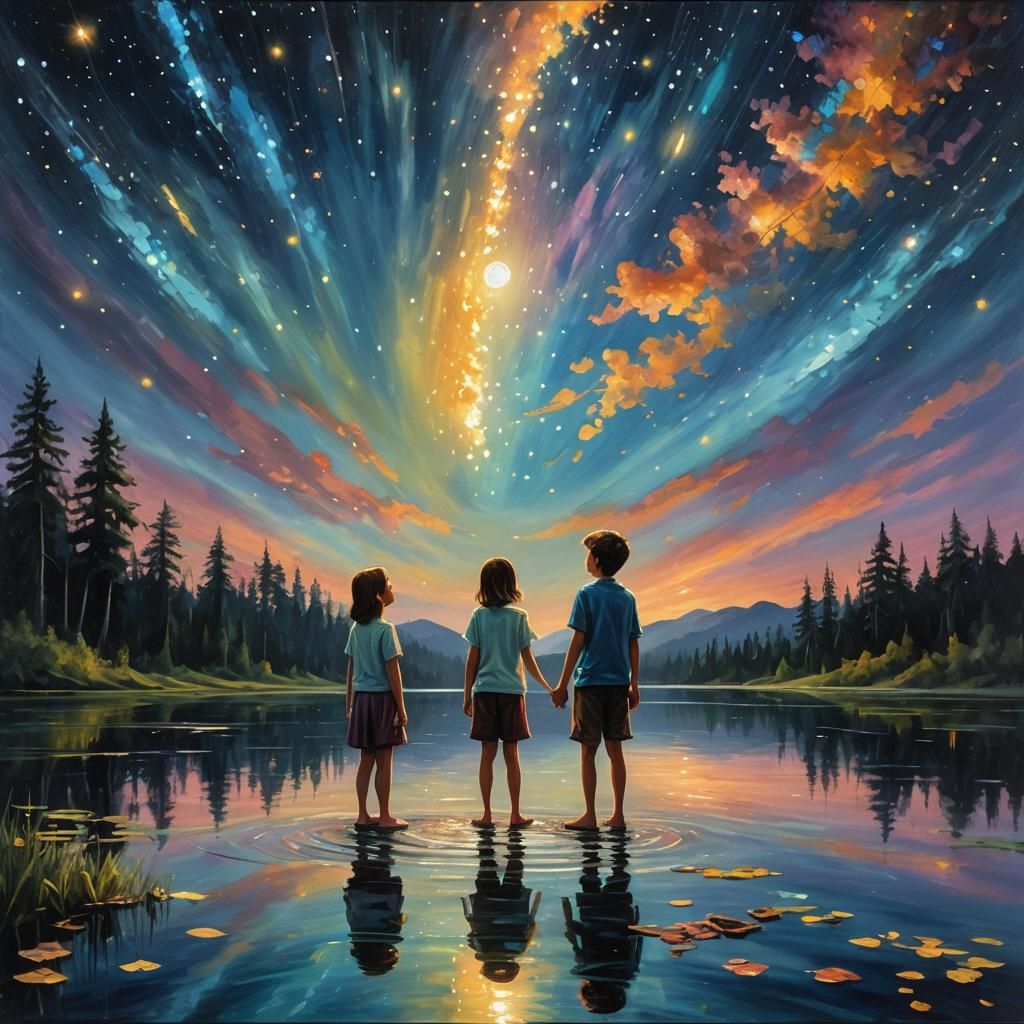 Children Gaze at Starry Night Sky
