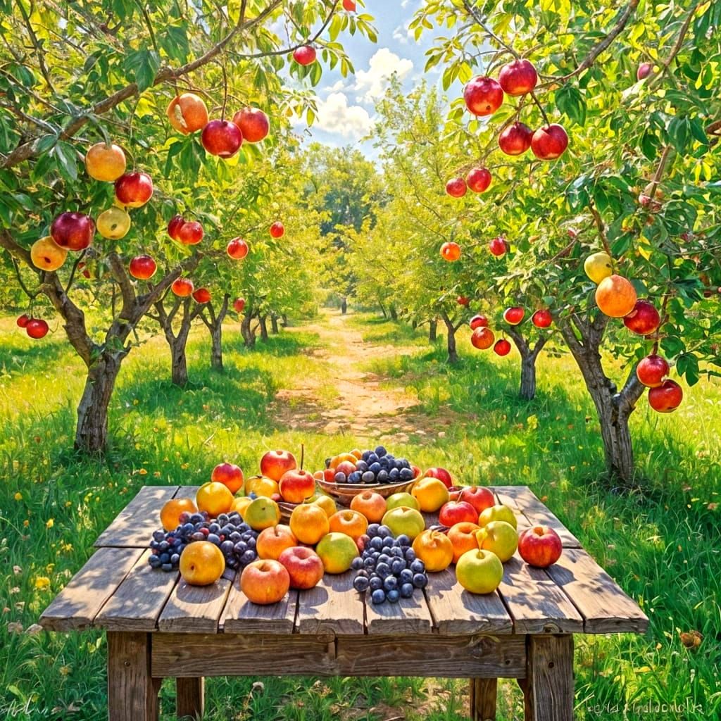 Sun-Drenched Orchard Overflowing with Fruit