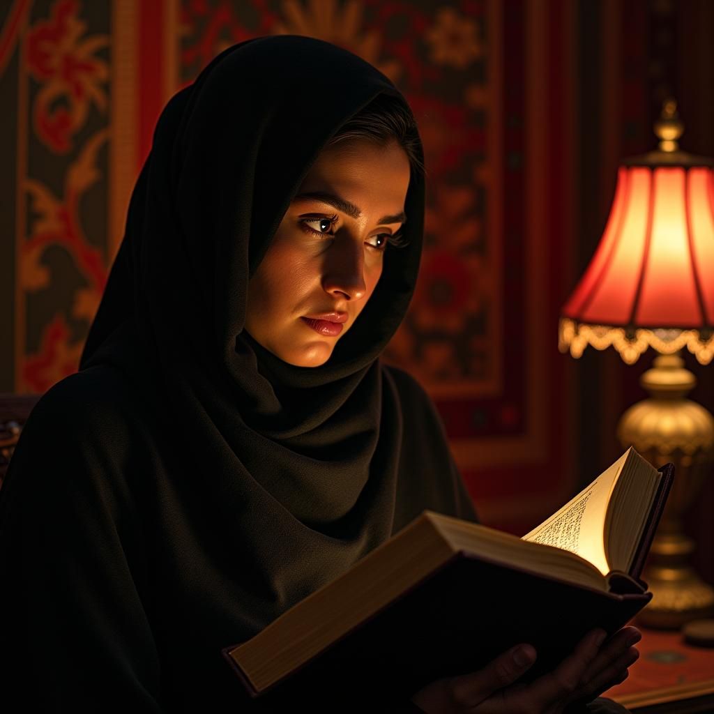 Afghan Woman Reading Book in Golden Light