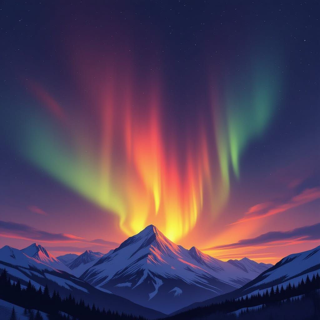 Orange Northern Lights Over Snowy Mountains