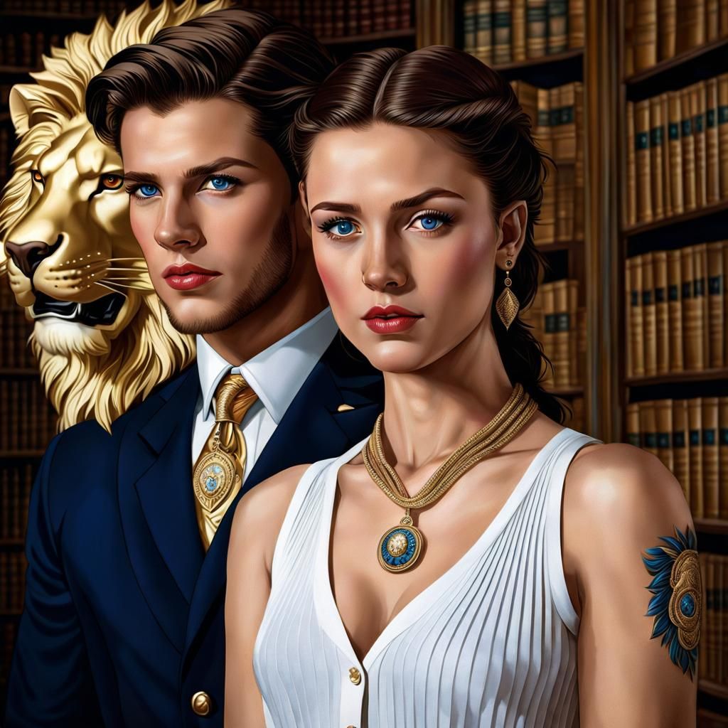 Preppy College Student Couple in a Lion-Adorned Library