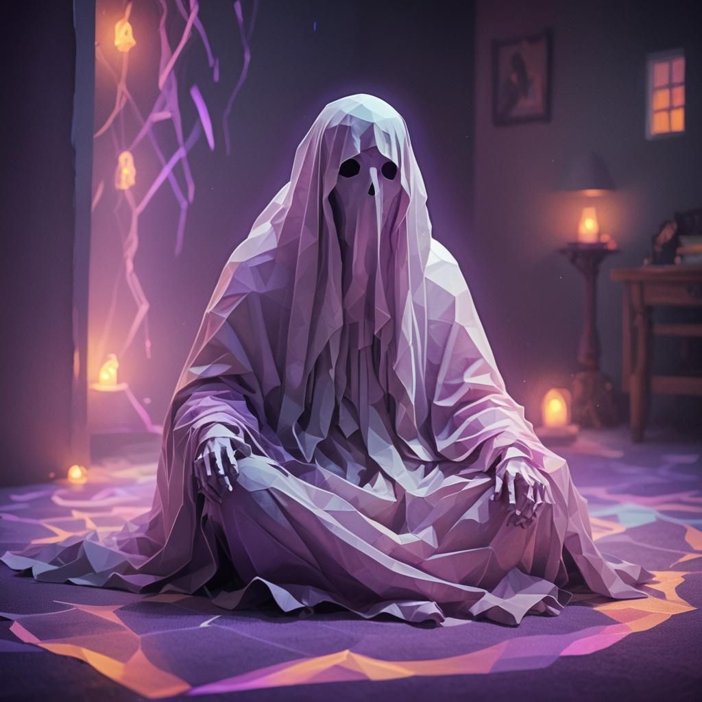 Cute Ghost in Dim Room, Low-Poly Art
