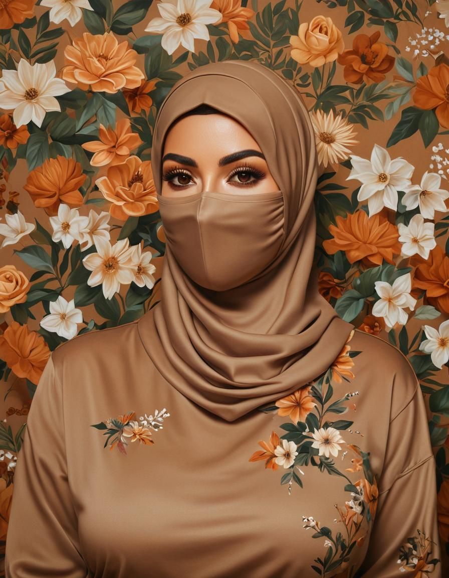 Hijabi Portrait with Flowers in Oil Painting Style