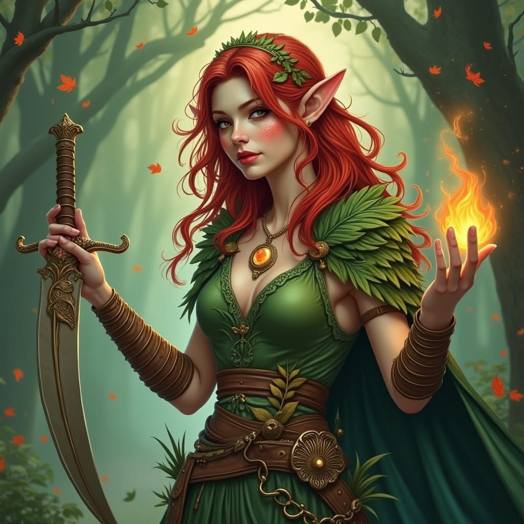 Ethereal Forest Elf Druid in Vibrant Autumn Attire
