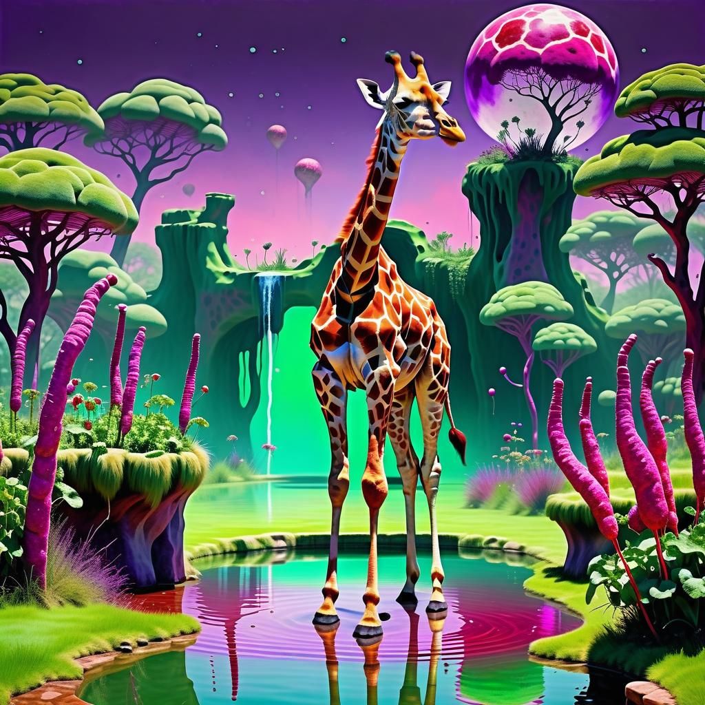 Worried Giraffe in Fantasy World with Radishes