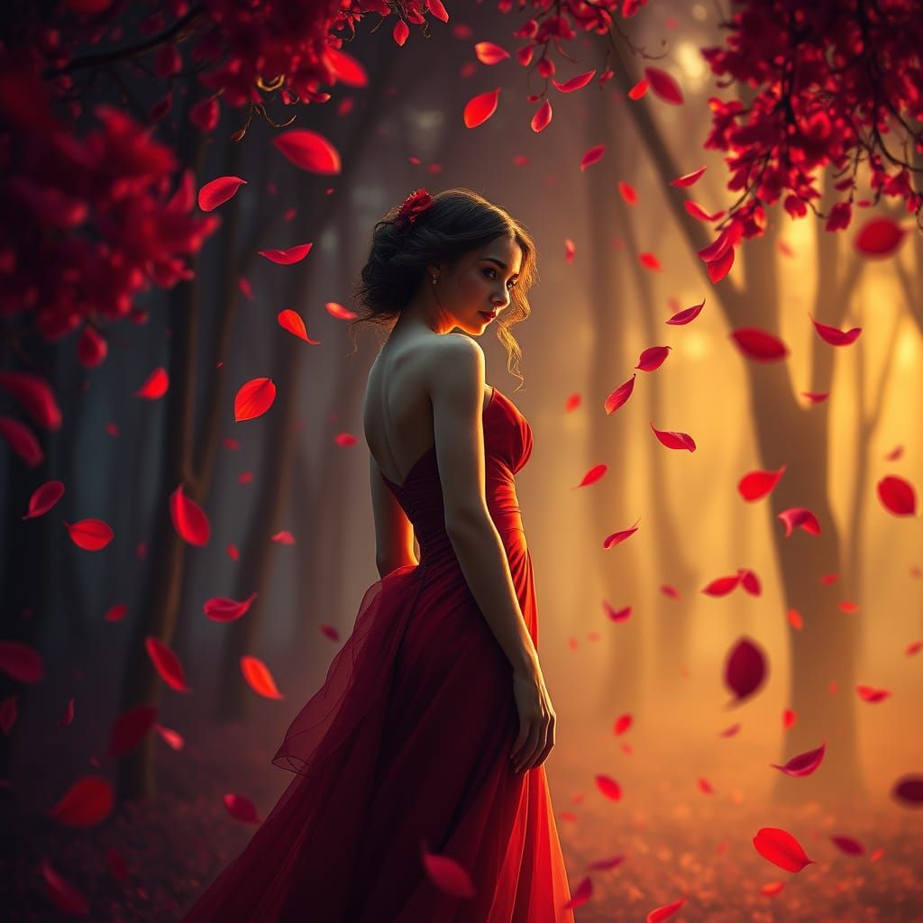 A woman in red in a forest,