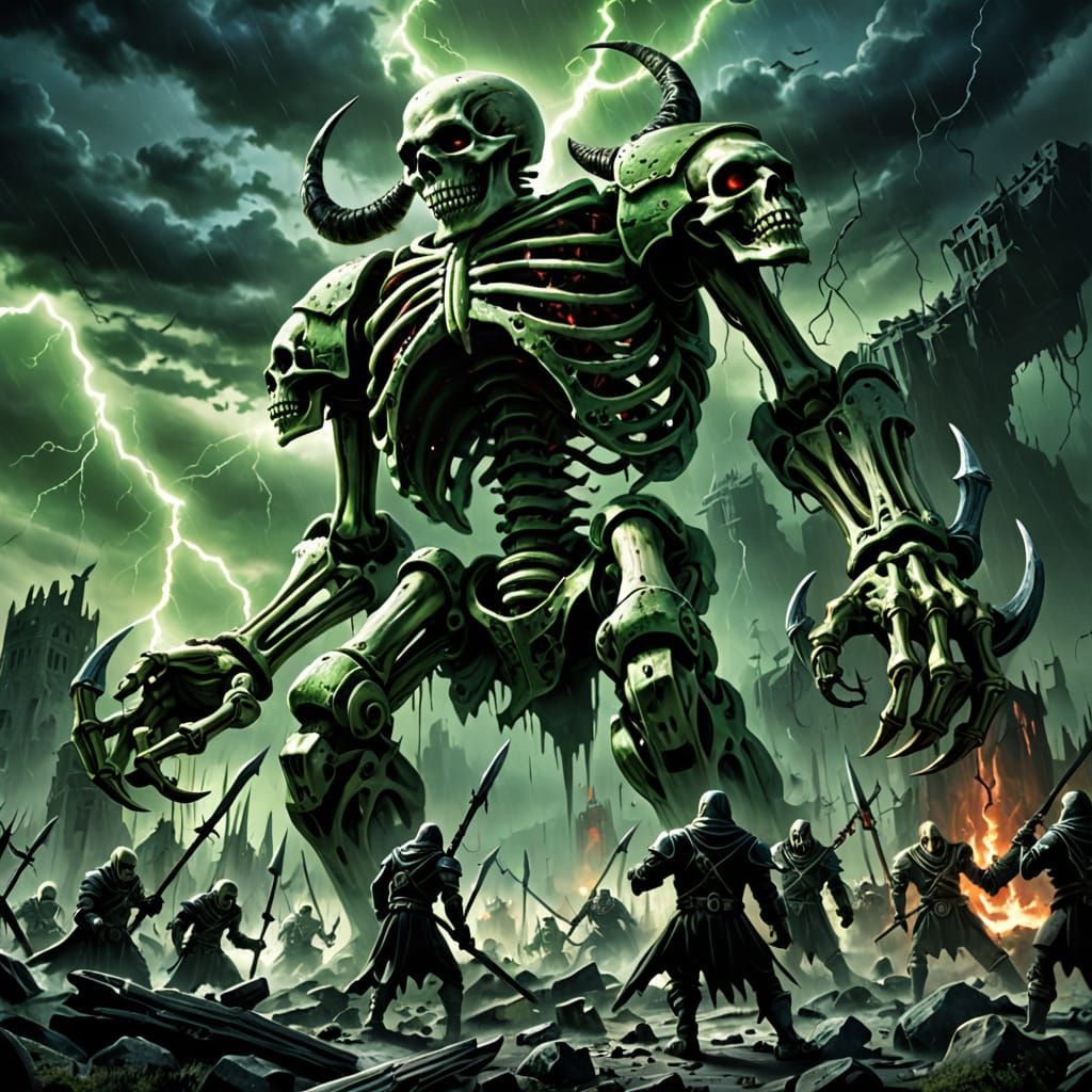 Dark Fantasy Bone Golem Dominates Storm-Torn Battlefield