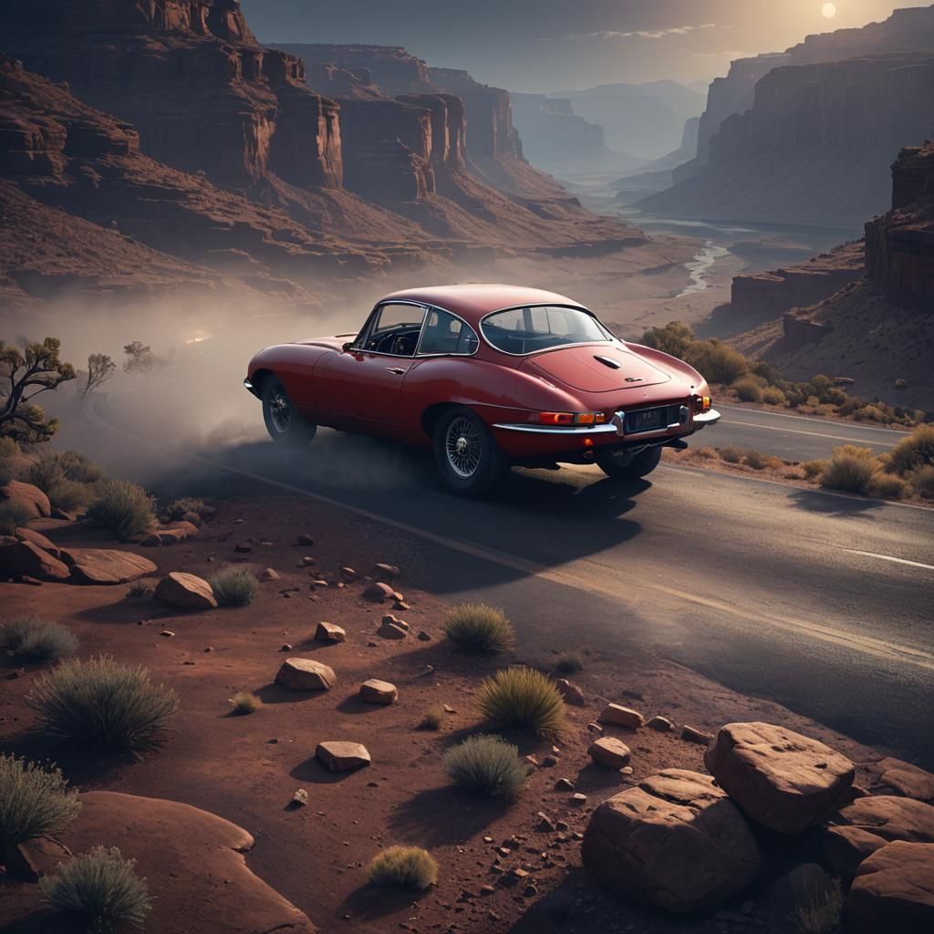 Jaguar E-Type Coupe on Grand Canyon Highway at Night