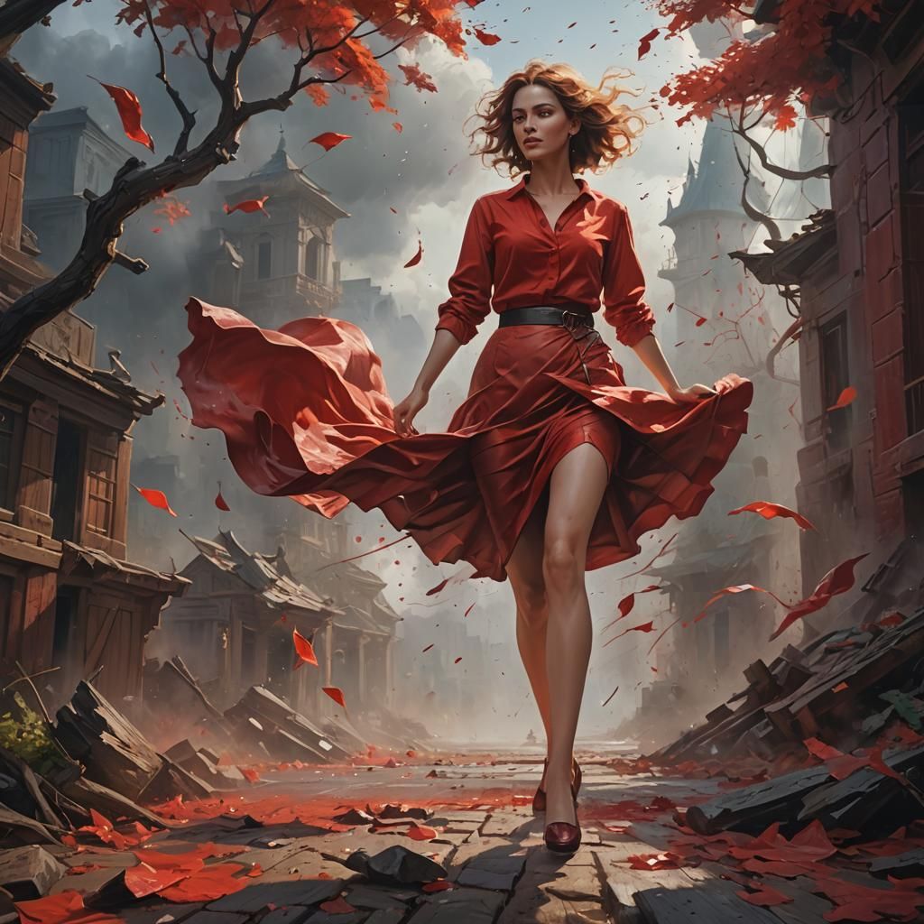 Woman in Red Dress, Oil Painting Style