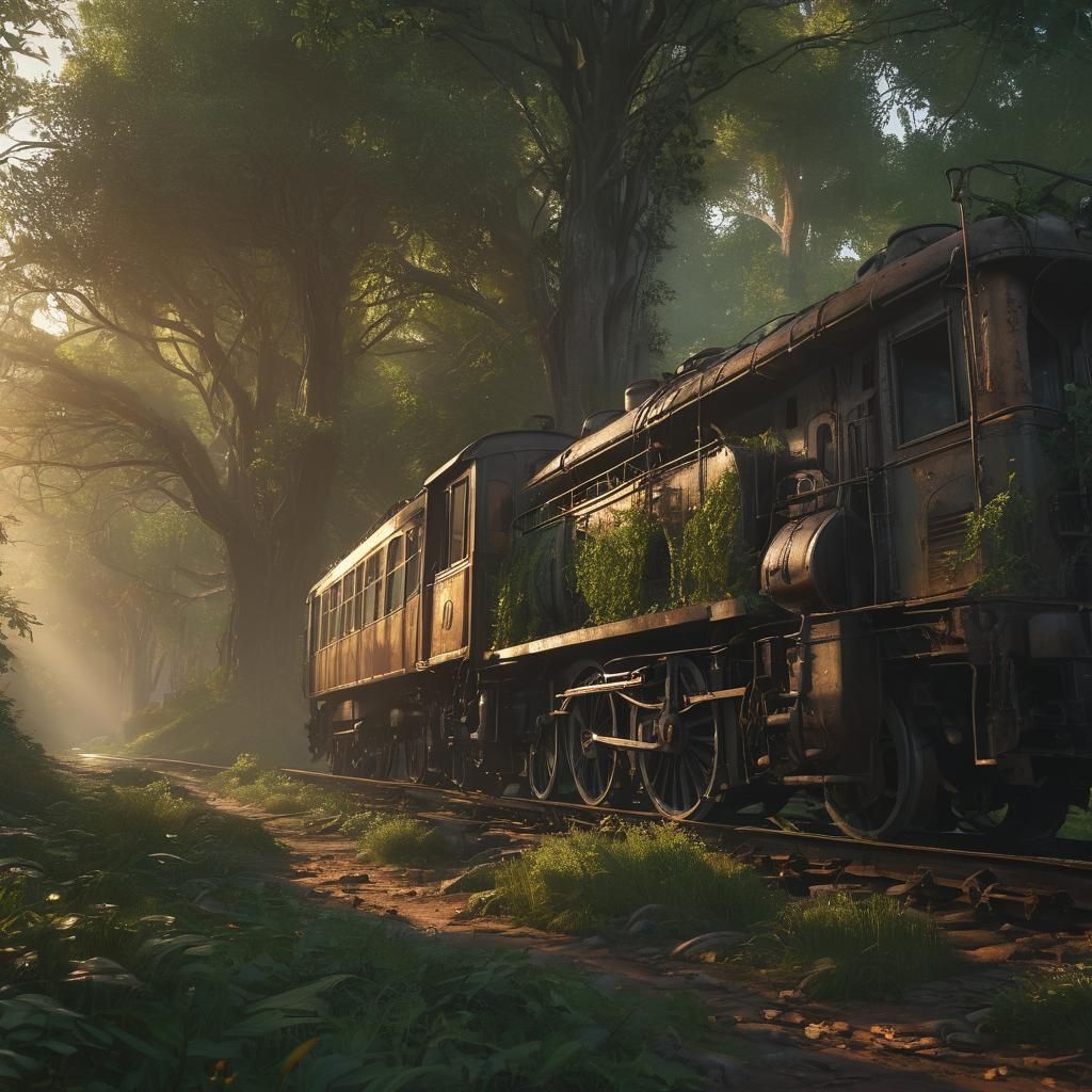 Abandoned Locomotive in Mystical Forest Concept Art