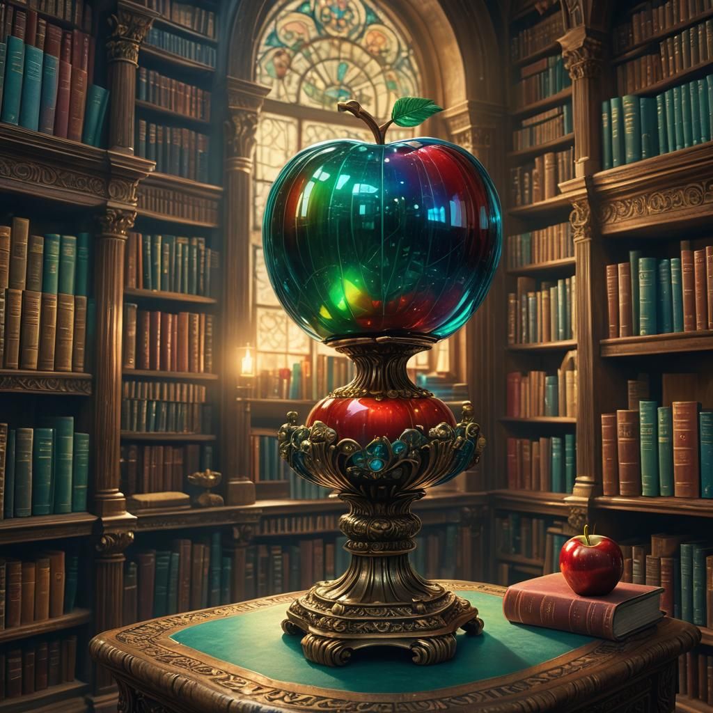Rainbow Glass Apple in Mystical Library