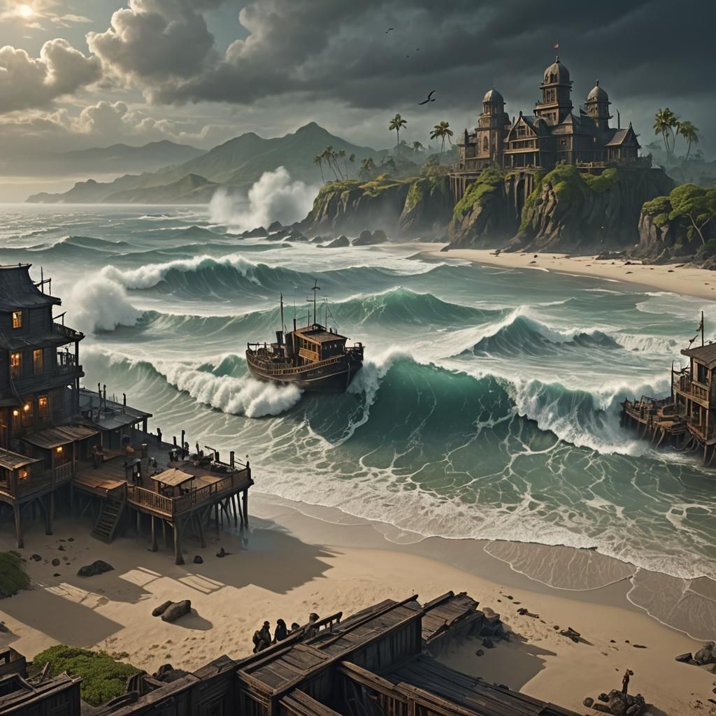 Goth Model on Island Amidst Giant Waves