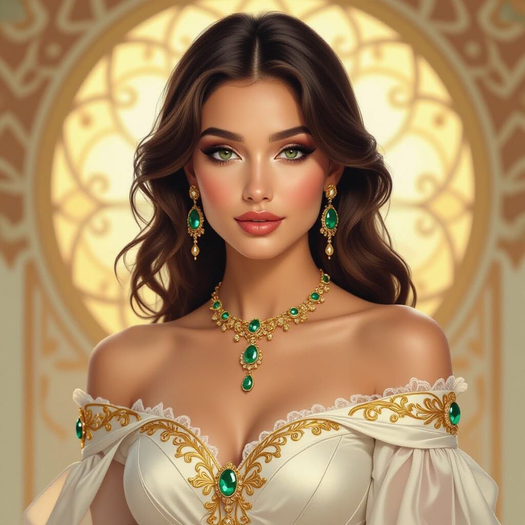Exquisite Woman in Gold Jewelry: Art Nouveau Digital Paintin...