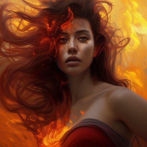 Fiery Woman Portrait in Hyperrealistic Splash Art