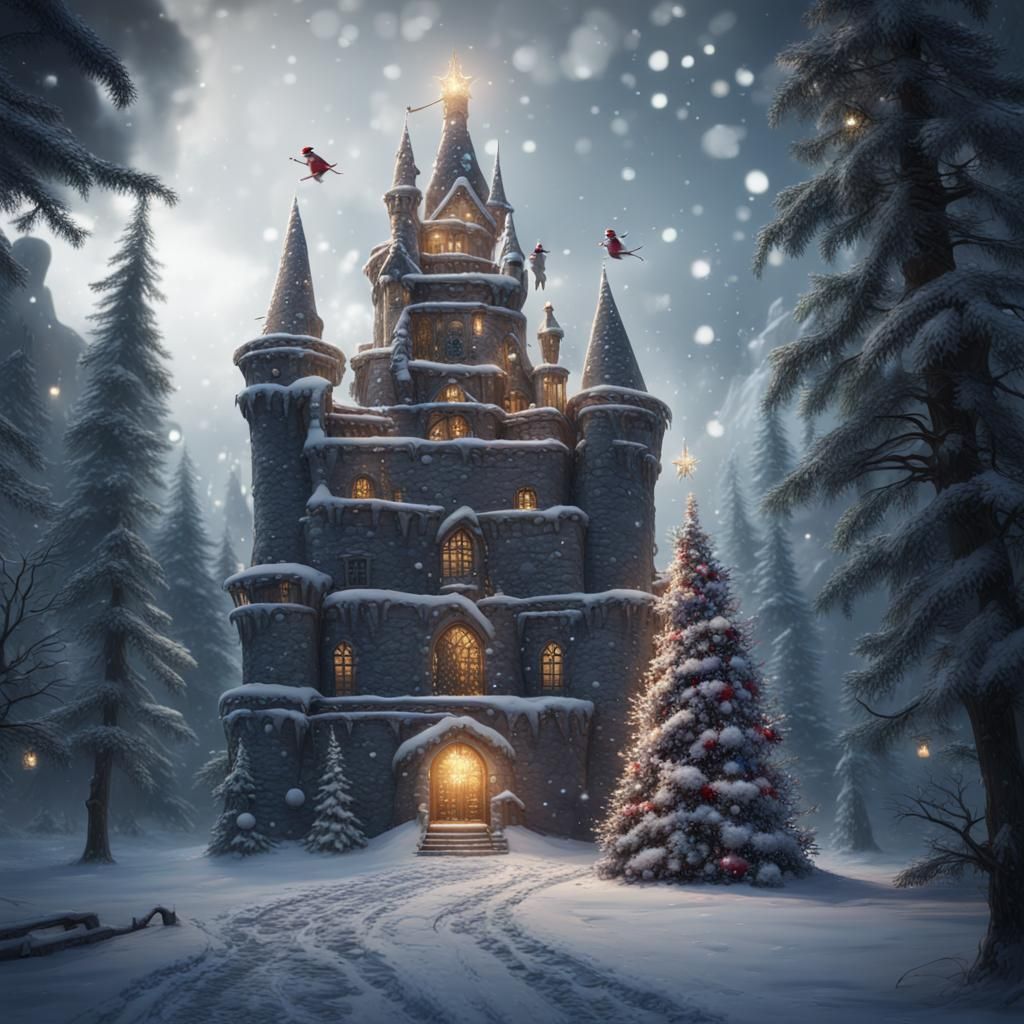 Festive Christmas Castle Scene in Winter Forest
