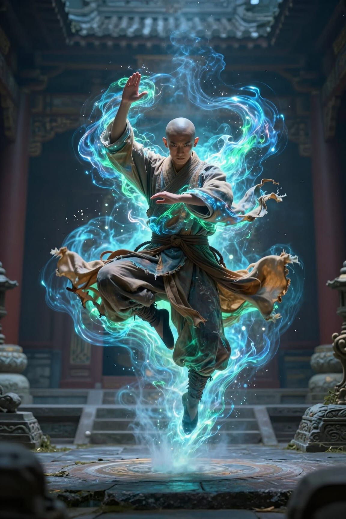 Monk in Dynamic Martial Arts Pose in Mountain Temple Courtya...