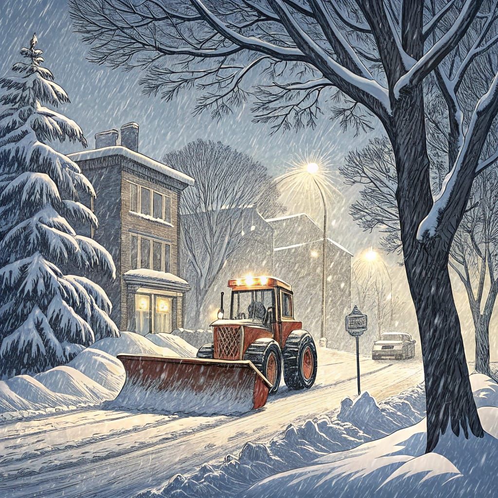 Snowplow Plows Through Early Morning Blizzard in Relief Prin...