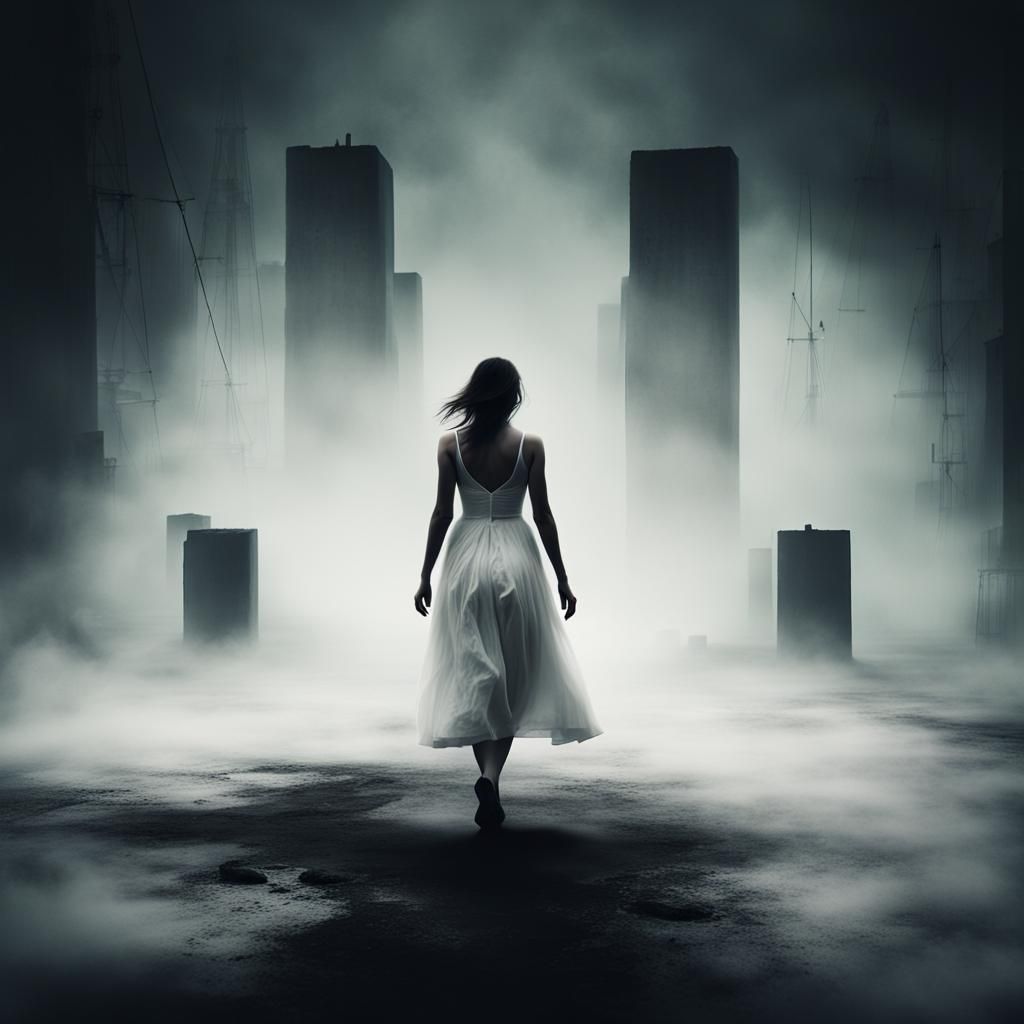 Woman in White Dress in Dark Fantasy Landscape