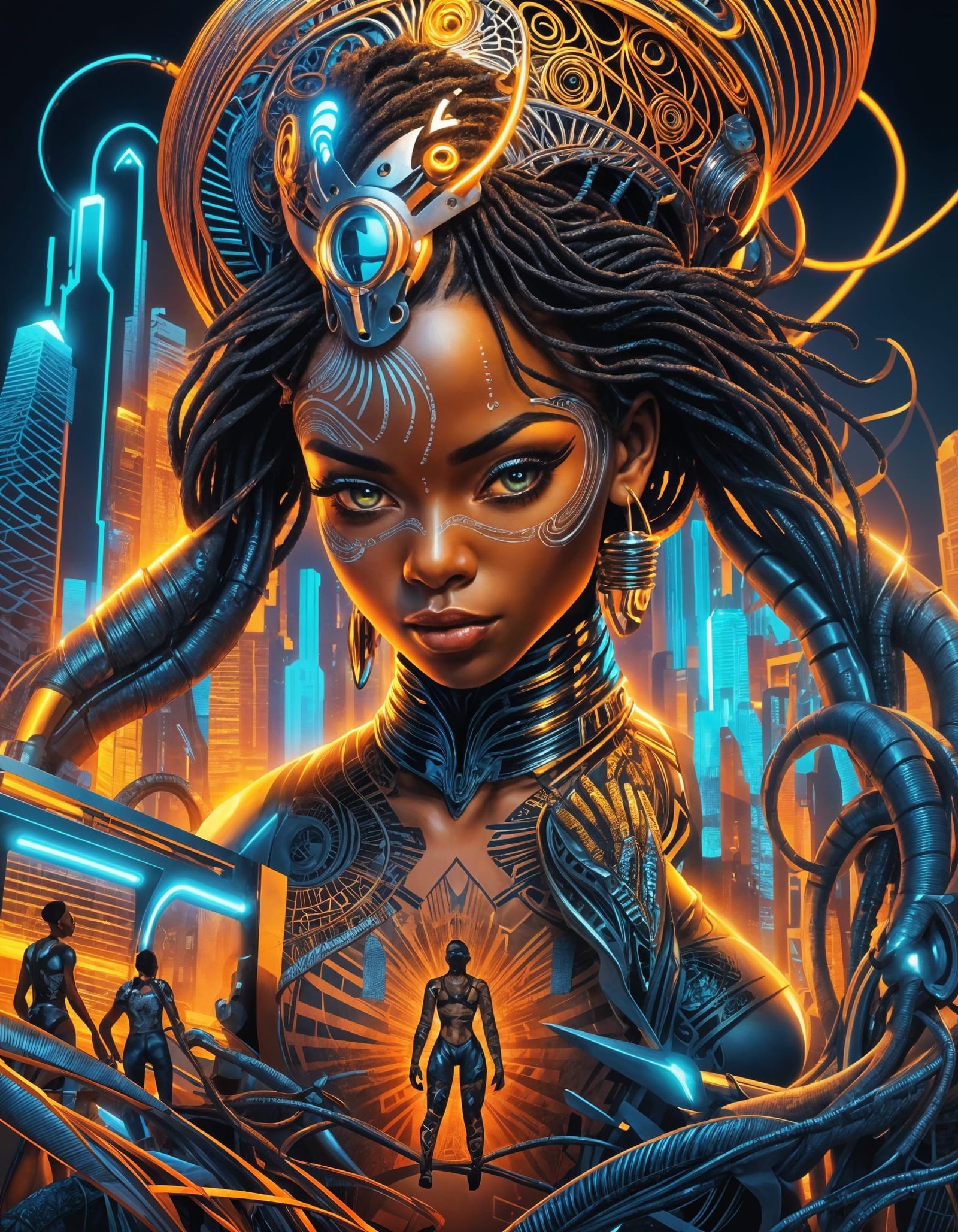 Mirrored Cyberpunk Woman Portrait with Tattoos