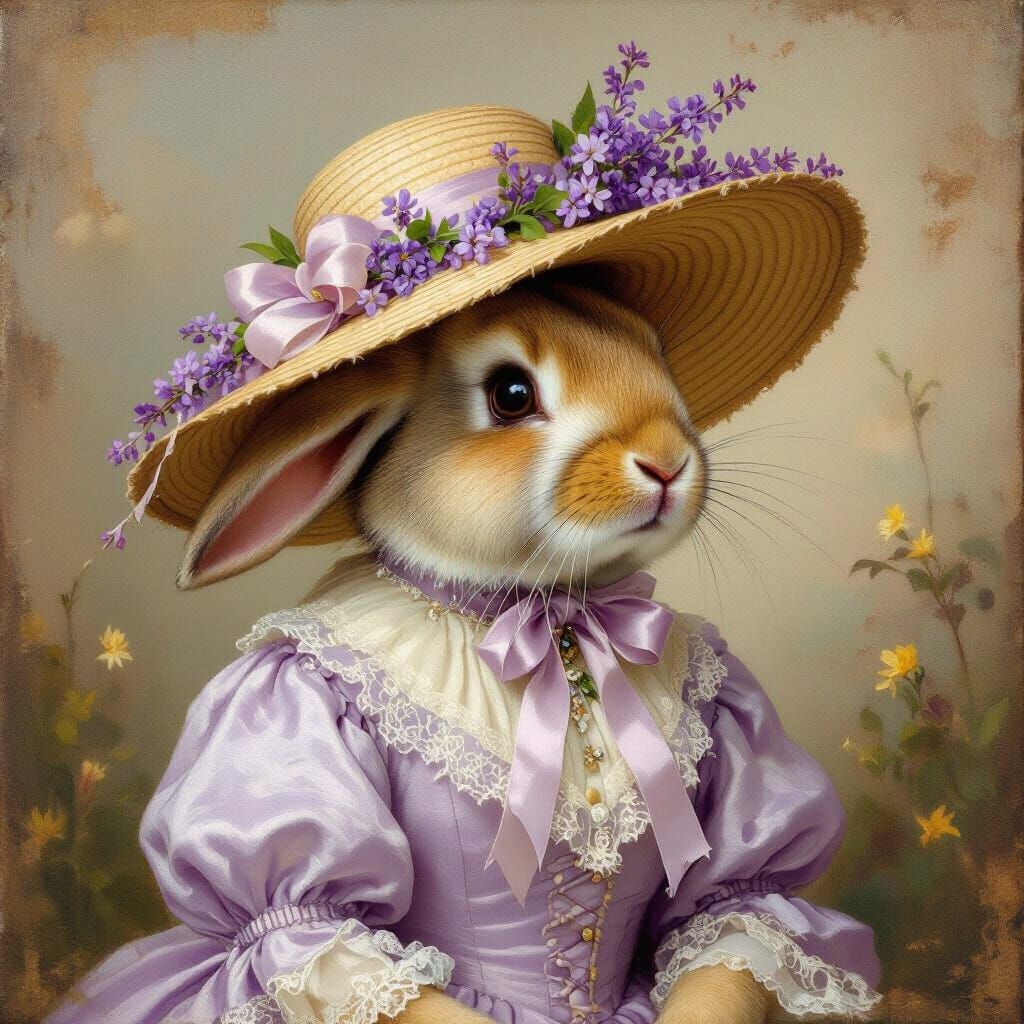 Vintage Rabbit Portrait in Lilac Hat