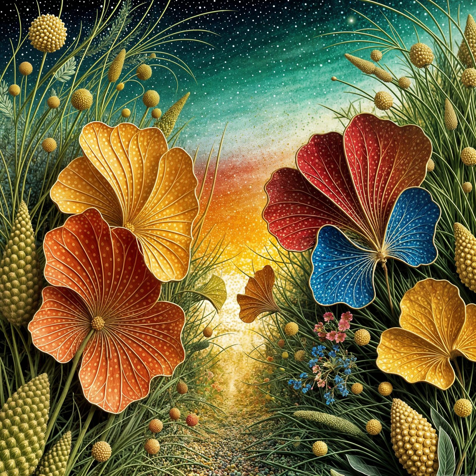 Vibrant Fantasy Garden with Trippy, Intricate Landscapes