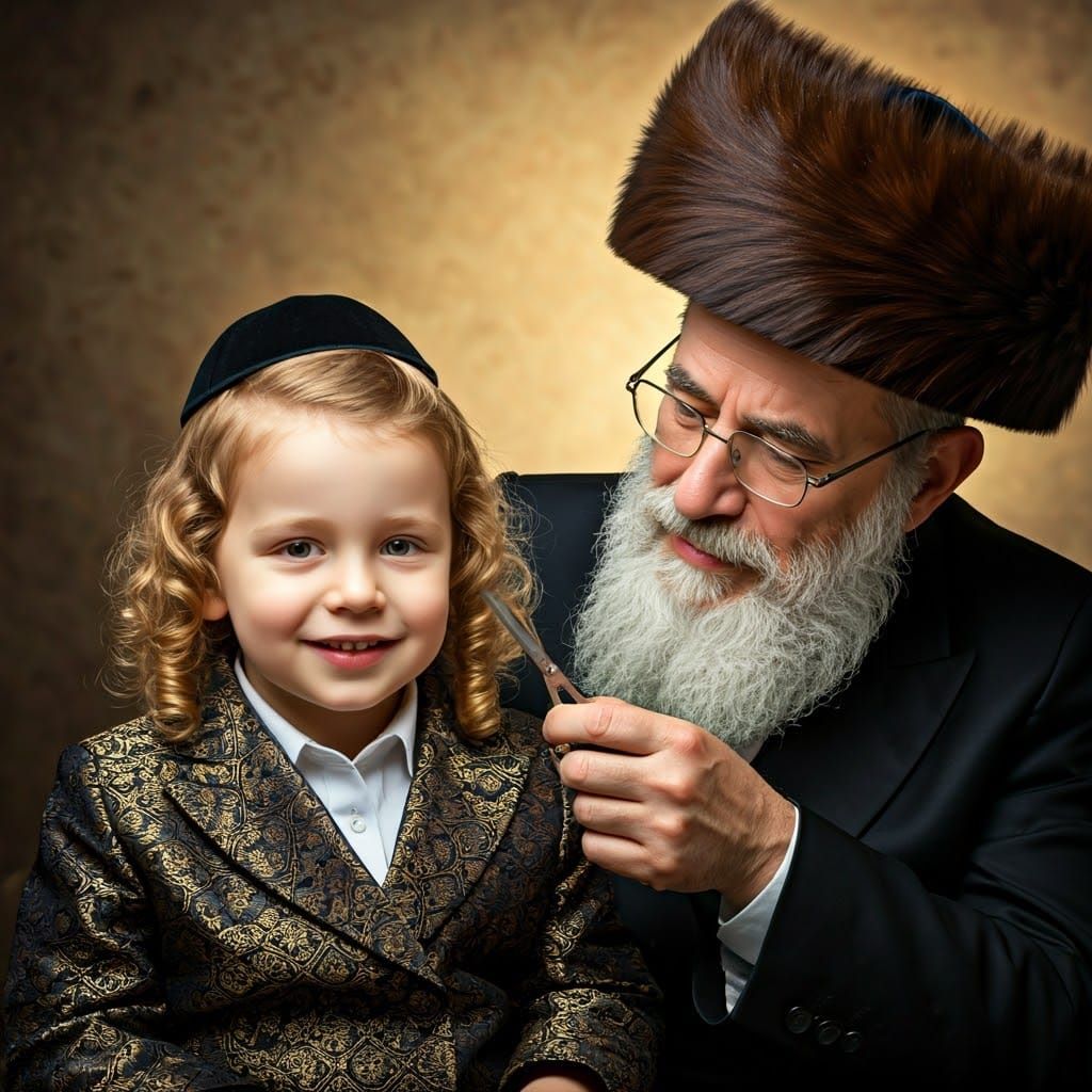Innocent Boy in Traditional Attire Receives a Trim from a Wi...