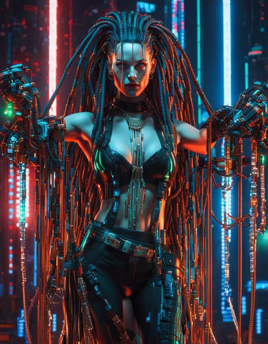 Cyberpunk Goddess Kali with Bionic Arms and Data Streams