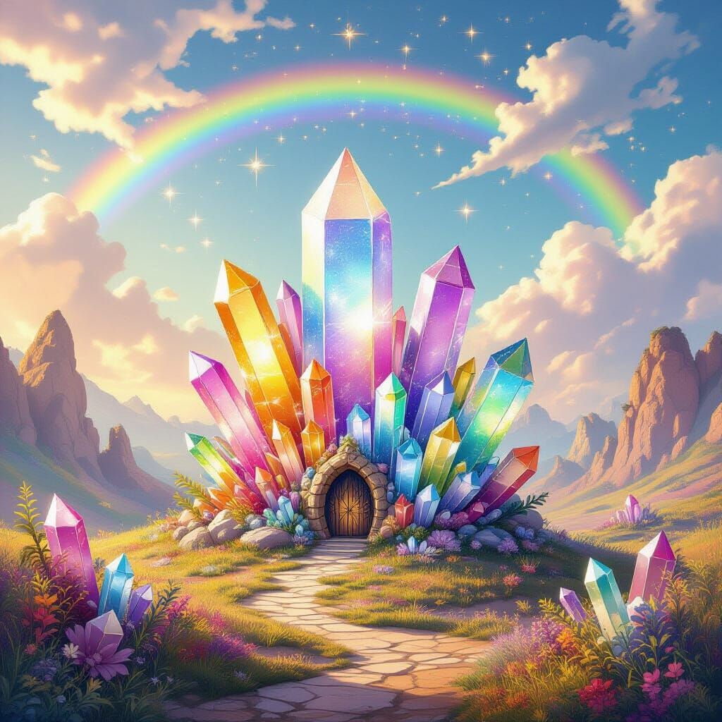 Magical Primitivism with Rainbow Sky and Crystals