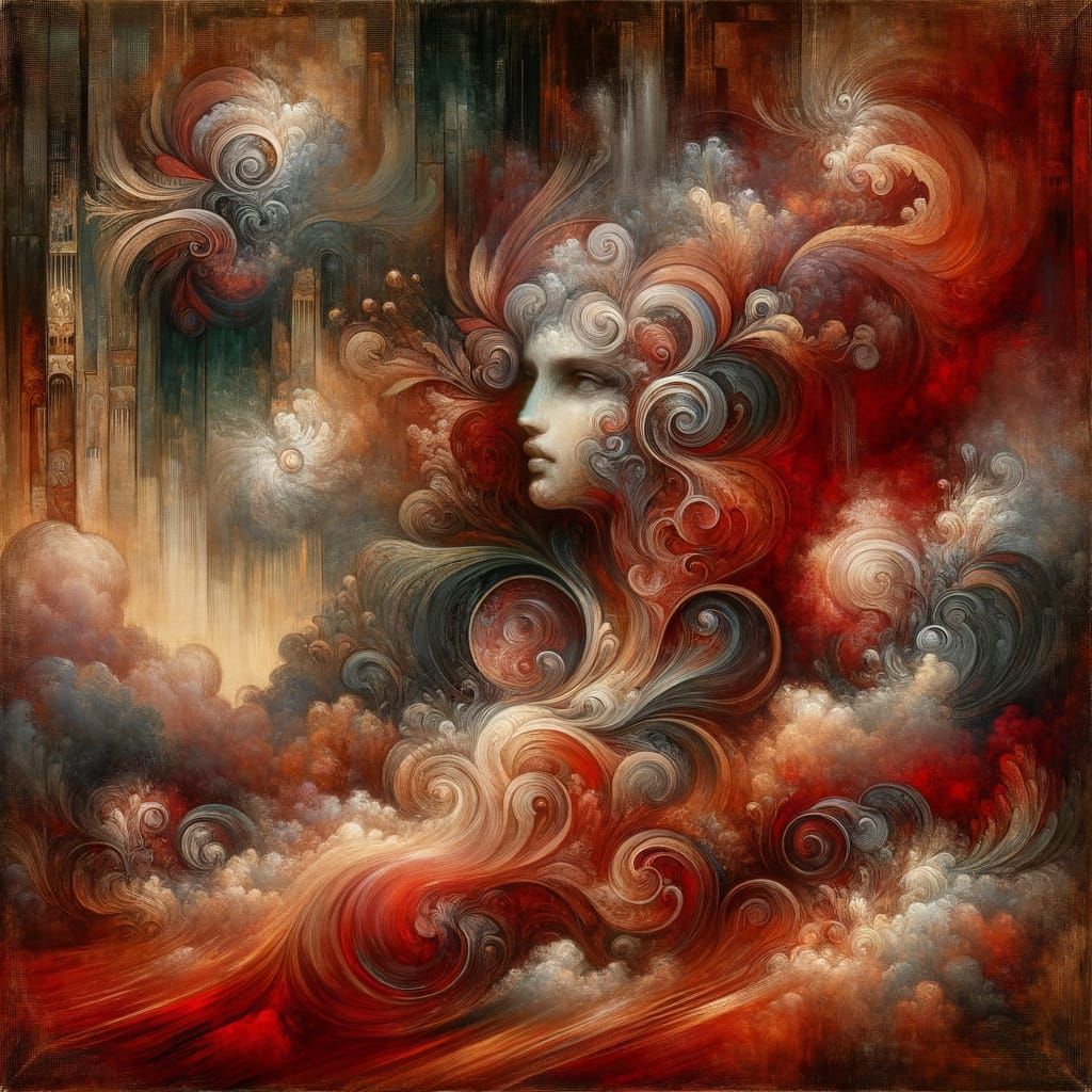 Symbolist Painting in Brooding Red Hues