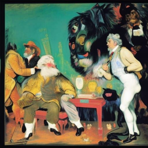 Surreal Cat Grooming Scene in Classic Portrait Style