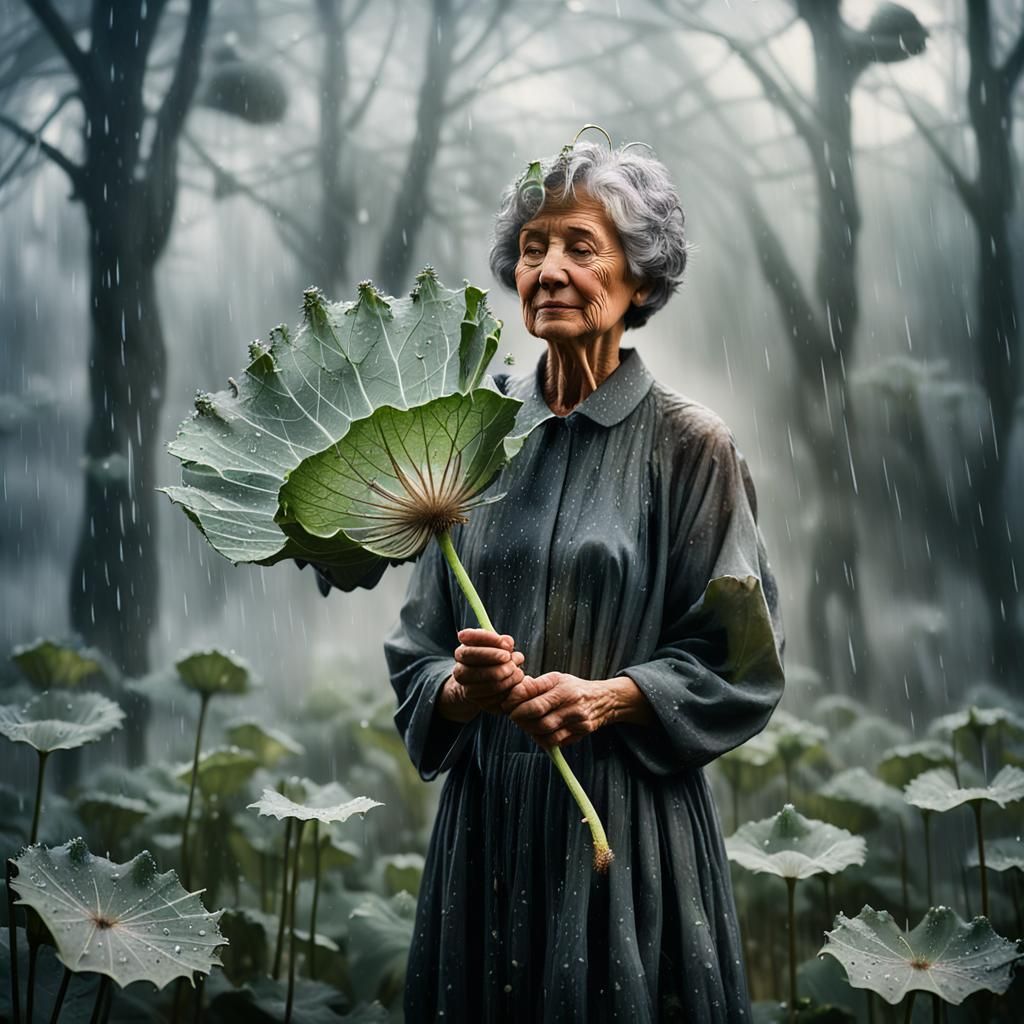 Woman in Rainy Forest Dreamscape, Oil on Canvas