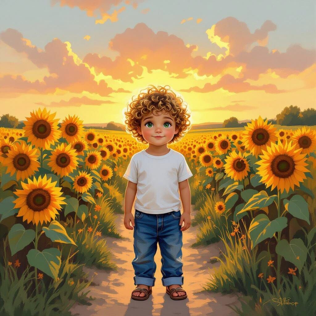Boy in Sunflower Field: Impressionist Oil Painting