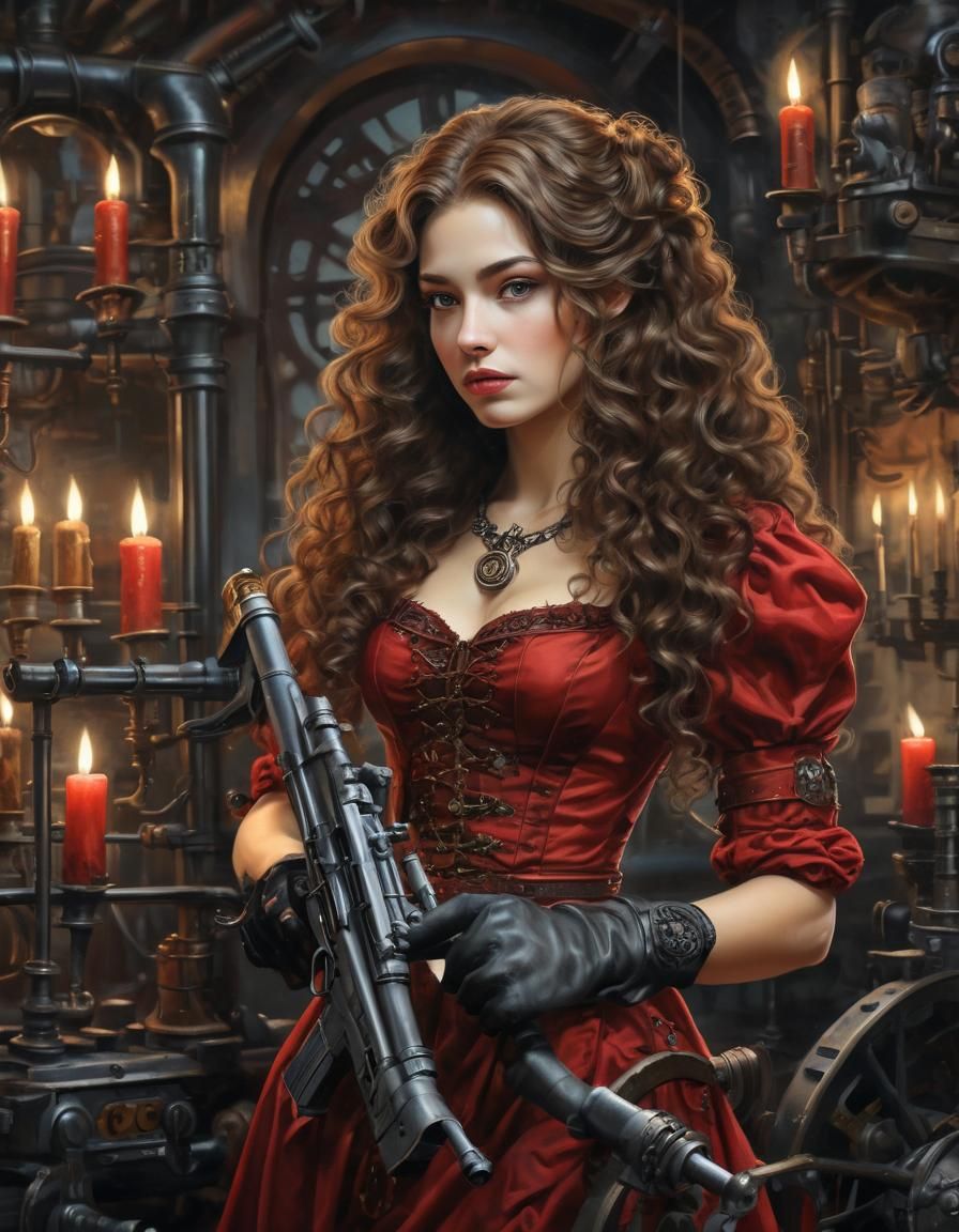 Steampunk Woman Loading Machine Gun in Oil Painting