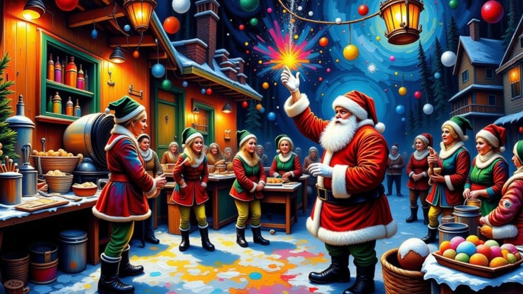 Whimsical North Pole Workshop in Impasto Style