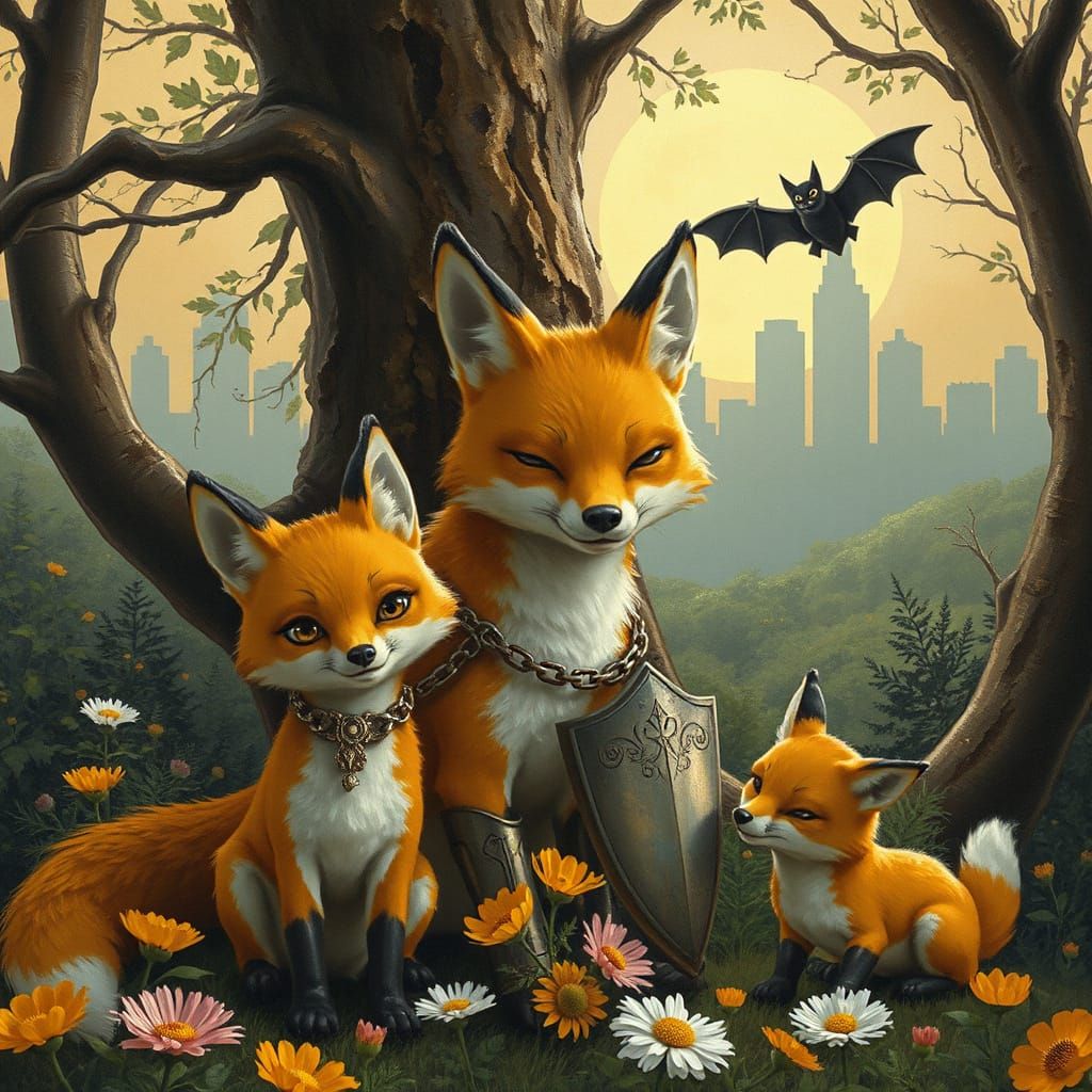 Impressionistic Foxes in Fantasy Forest Clearing