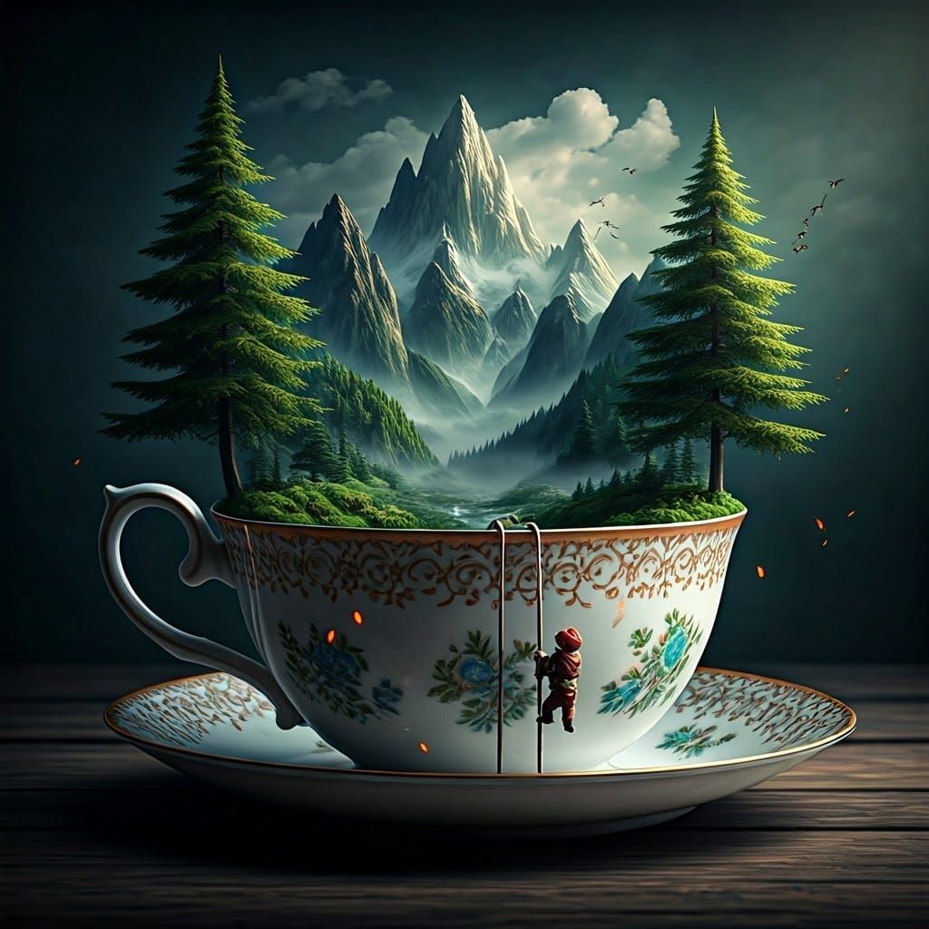 Miniature Dwarf Climbs Teacup Mountain Diorama